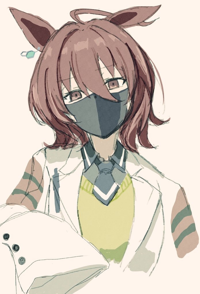 1girl, agnes_tachyon_(umamusume), ahoge, animal_ears, black_mask, black_necktie, black_shirt, brown_hair