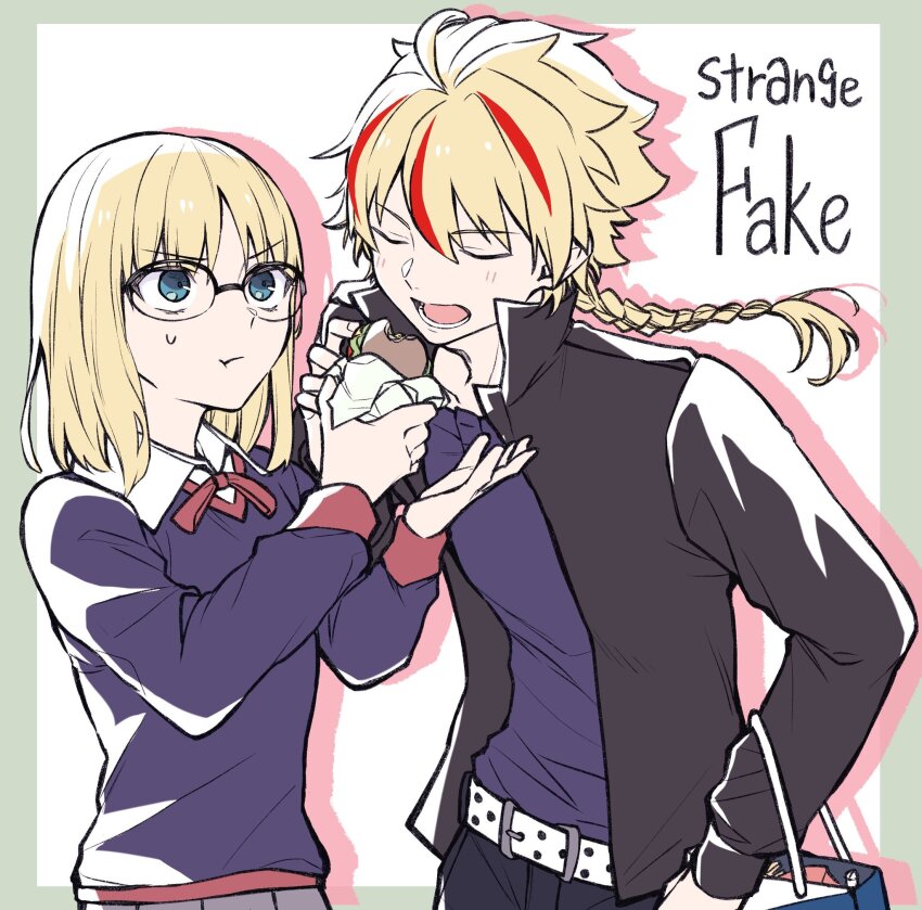 1boy, 1girl, belt, black_jacket, blonde_hair, blue_eyes, blue_sweater, braid