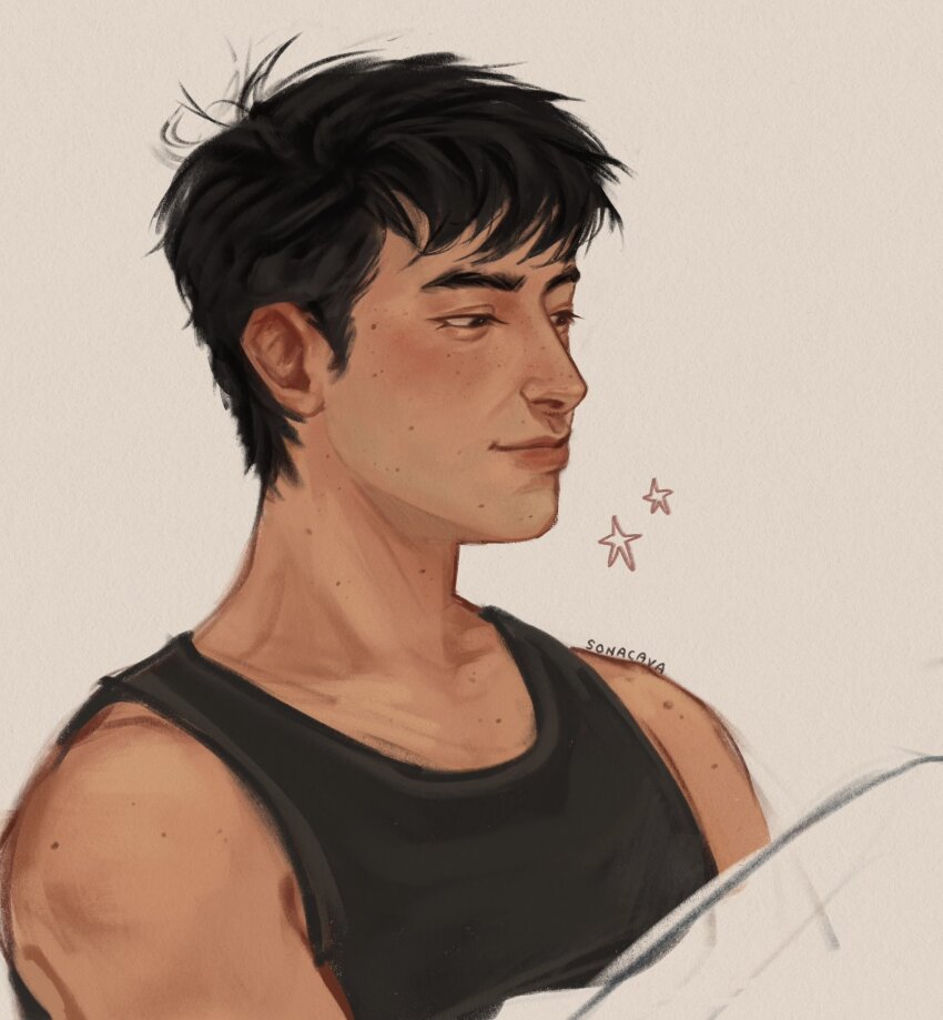 1boy, black_hair, black_tank_top, brown_eyes, closed_mouth, commentary, english_commentary, grey_background, heated_rivalry, highres, male_focus, shane_hollander, shirt, short_hair, short_sideburns, sideburns, sleeveless, sleeveless_shirt, smile, solo, sonacava, tank_top, unfinished