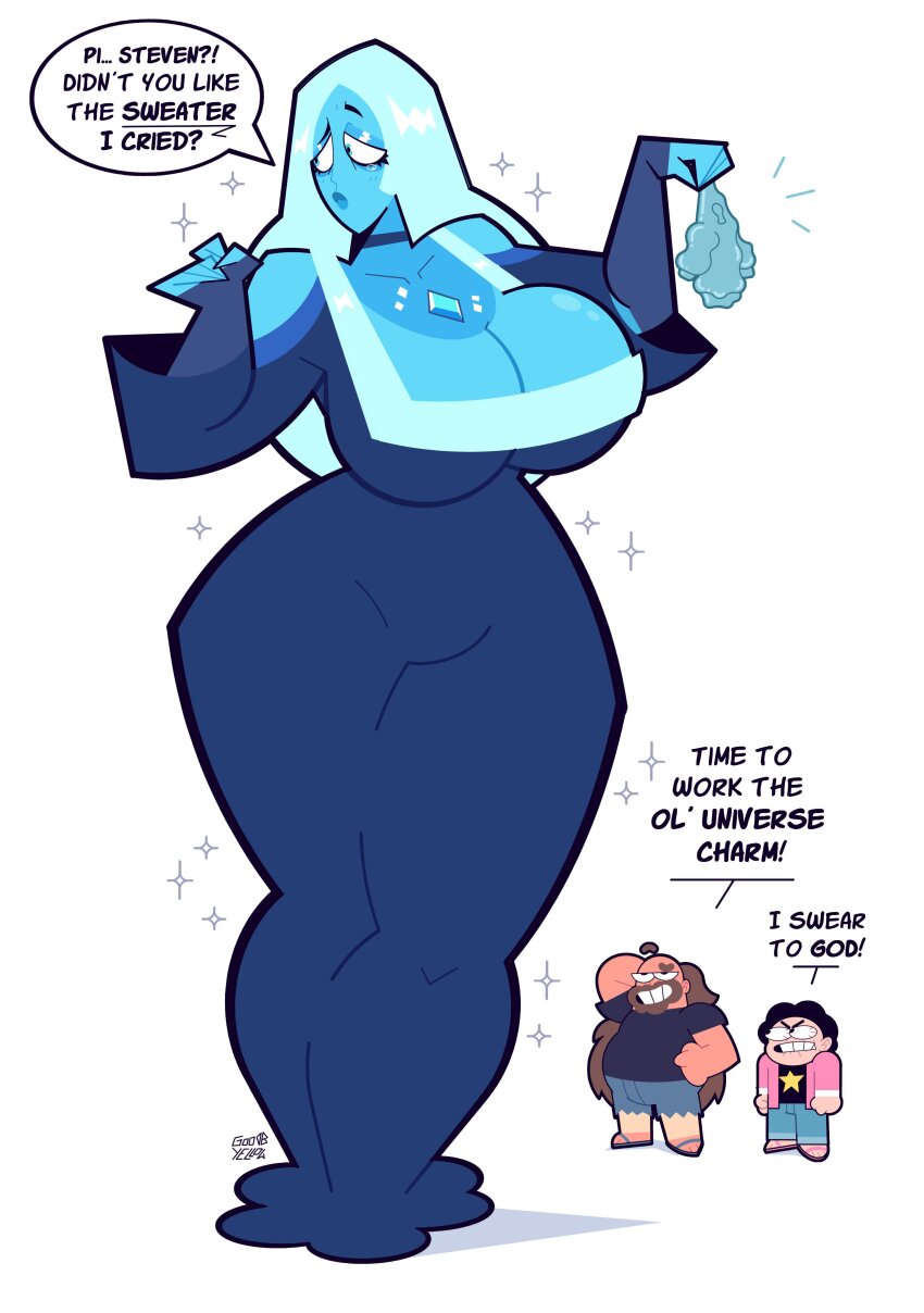 1girl, 2boys, absurdres, afro, alien, alternate_breast_size_(larger), arm_behind_head, biting_own_lip, blue_choker, blue_diamond_(steven_universe), blue_dress, blue_hair, blue_skin, breasts, choker, cleavage, clenched_hands, colored_skin, commentary, diamond_(shape), dress, english_commentary, english_text, frustrated, full_body, gem_(steven_universe), giant, giantess, goodbyellow, greg_universe, grin, hands_up, highres, holding, holding_unworn_clothes, large_breasts, long_hair, long_sleeves, low-cut, multiple_boys, pout, raised_eyebrow, shadow, shorts, signature, smile, solo_focus, sparkle, speech_bubble, steven_quartz_universe, steven_universe, steven_universe_future, tearing_up, torn_clothes, torn_shorts, v-shaped_eyebrows, wide_hips