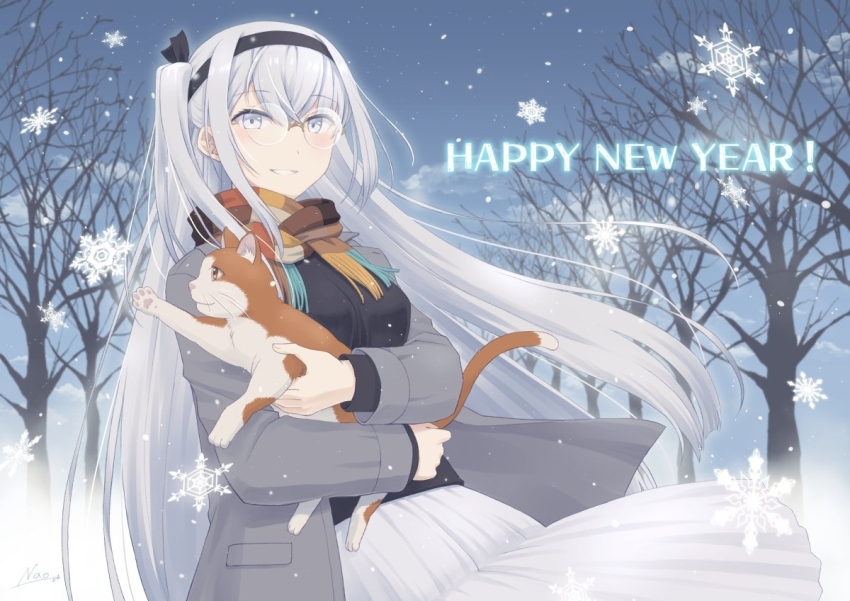 1girl, bespectacled, black_headband, black_sweater, brown_scarf, cat, coat, commentary_request