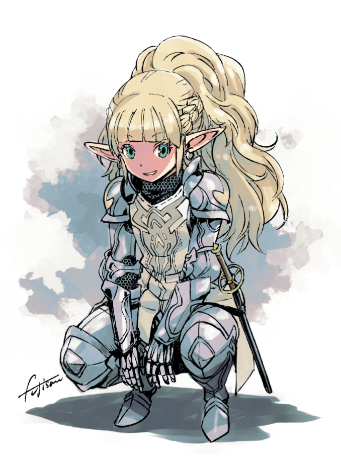 1girl, armor, belt, blonde_hair, blunt_bangs, bracer, bridal_gauntlets, chainmail, commentary, commentary_request, couter, earrings, elf, elmon_(wizardry), gauntlets, green_eyes, high_ponytail, jewelry, muramasa_mikado, pauldrons, plate_armor, pointy_ears, ponytail, rapier, shoulder_armor, signature, solo, squatting, sword, tabard, vambraces, weapon, white_background, wizardry, wizardry_variants_daphne