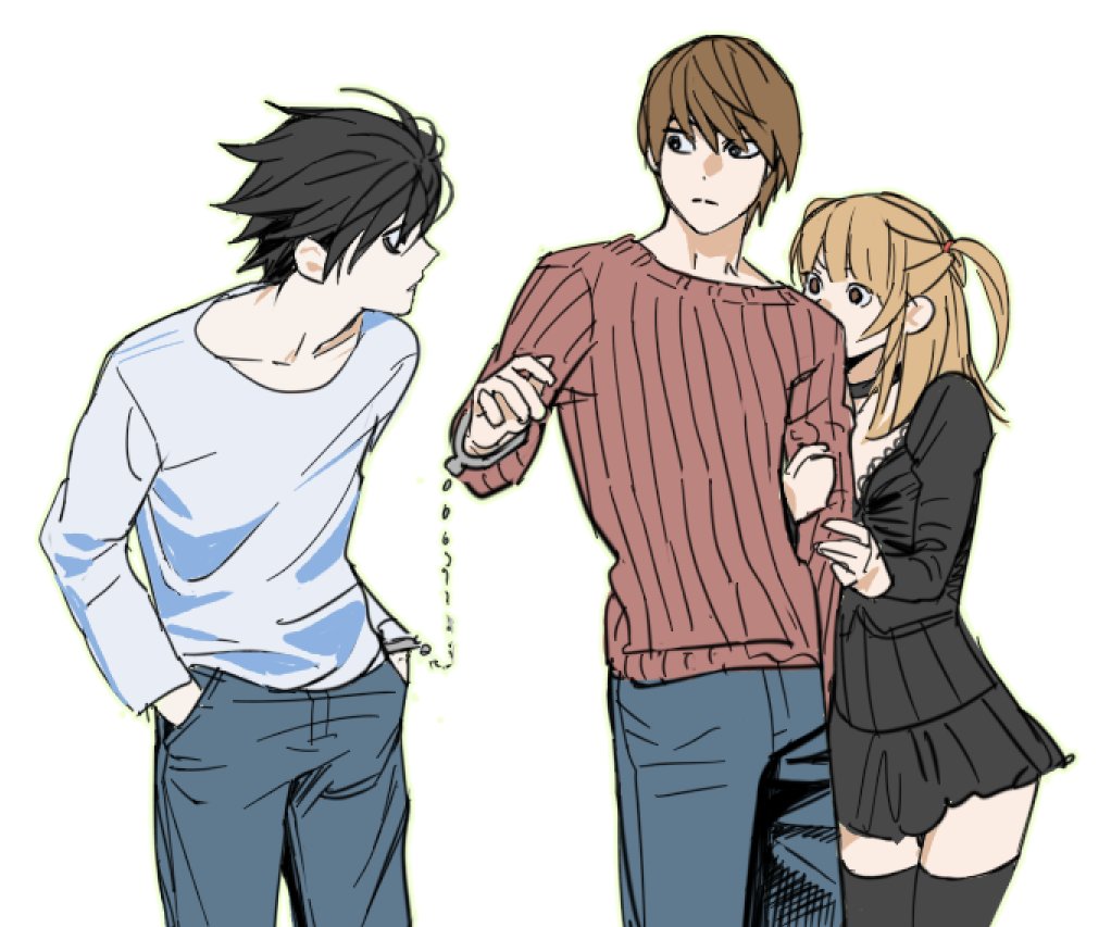 1girl, 2boys, amane_misa, bags_under_eyes, black_choker, black_hair, black_shirt, black_skirt, black_thighhighs, blonde_hair, blue_pants, brown_hair, brown_sweater, choker, commentary_request, cowboy_shot, dailysarndean, death_note, hair_between_eyes, half_updo, hands_in_pockets, holding_another's_arm, korean_commentary, l_(death_note), long_hair, looking_at_another, miniskirt, multiple_boys, pants, pleated_skirt, ribbed_sweater, shared_handcuffs, shirt, short_hair, short_twintails, skirt, sweater, thighhighs, twintails, white_background, white_shirt, yagami_light, zettai_ryouiki