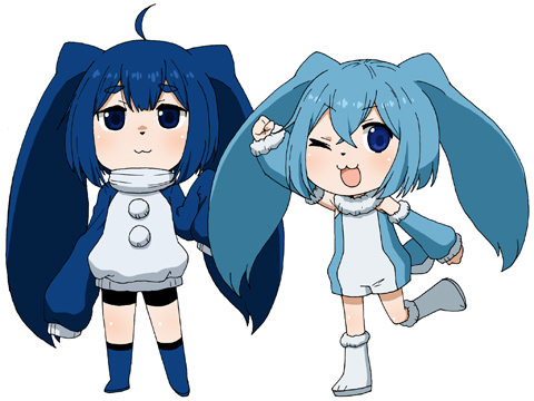 2boys, :3, ahoge, animal_ears, arm_up, bad_source, blue_boots, blue_eyes, blue_hair, blue_leotard, blue_sleeves, bodysuit, boots, chibi, chibi_only, closed_mouth, commentary_request, full_body, fur-trimmed_leotard, fur-trimmed_sleeves, fur-trimmed_wrist_cuffs, fur_trim, kenma-kun, koushinism, leg_up, leotard, long_sleeves, lowres, male_focus, maso_(ascii_art), multiple_boys, nise_kenma-kun, one_eye_closed, open_mouth, rabbit_boy, rabbit_ears, raglan_sleeves, sleeveless, sleeveless_bodysuit, sleeves_past_fingers, sleeves_past_wrists, snout, tail, thick_eyebrows, trap, white_background, white_bodysuit, white_boots