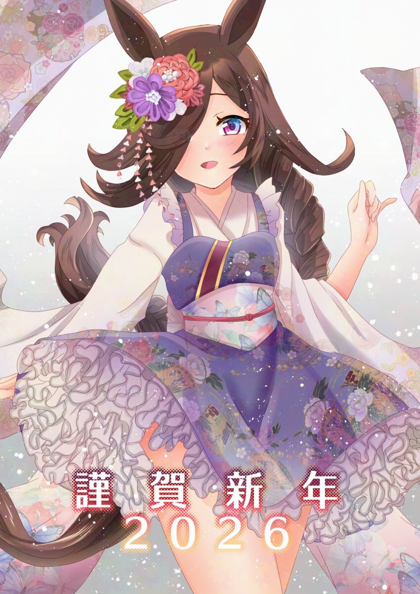 1girl, 2026, animal_ears, blue_dress, blush, brown_hair, commentary_request, dress