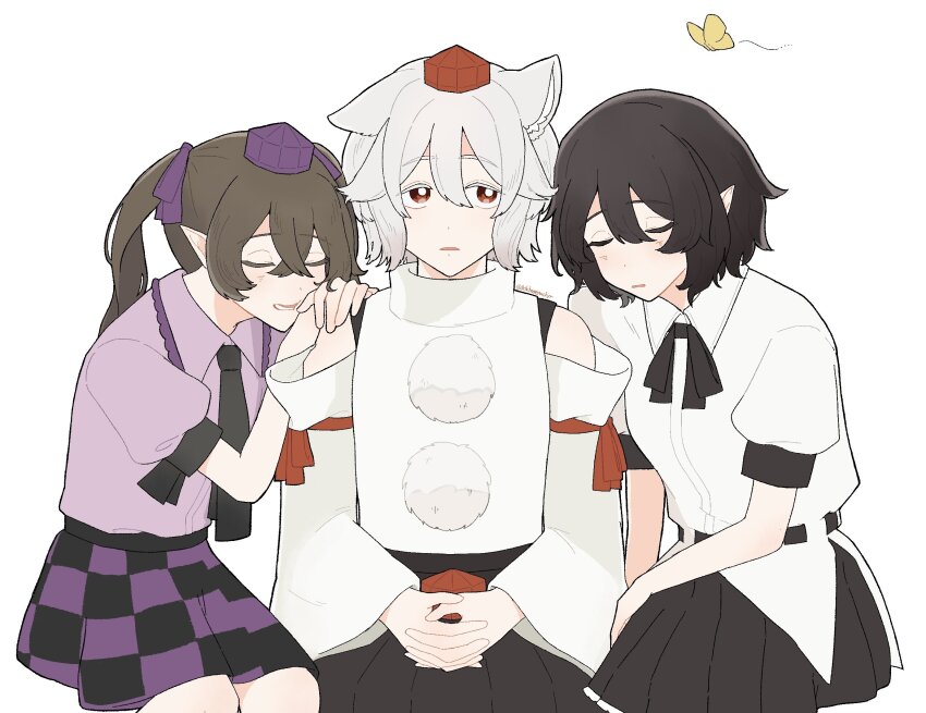 3girls, animal_ears, bare_shoulders, black_hair, black_necktie, black_skirt, brown_hair, bug