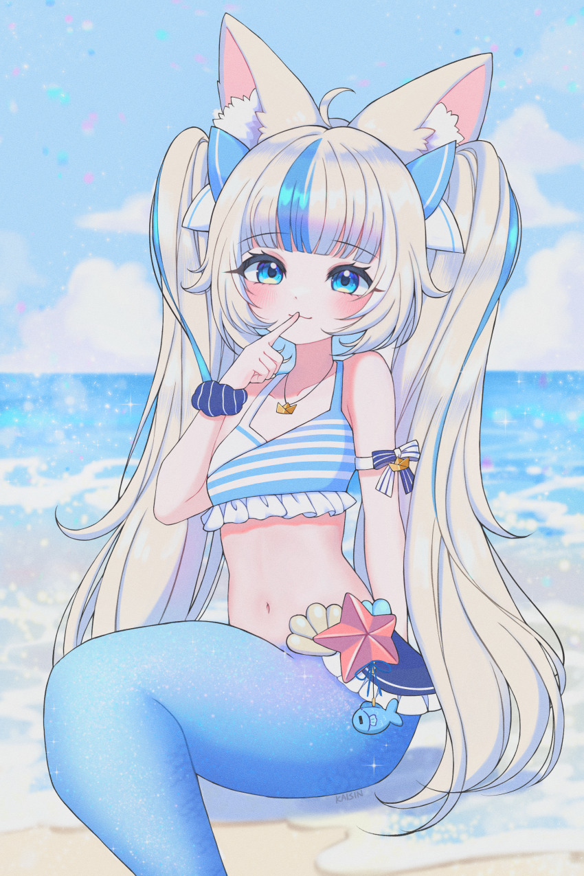 1girl, absurdres, ahoge, beach, bikini, blue_hair, blush, closed_mouth