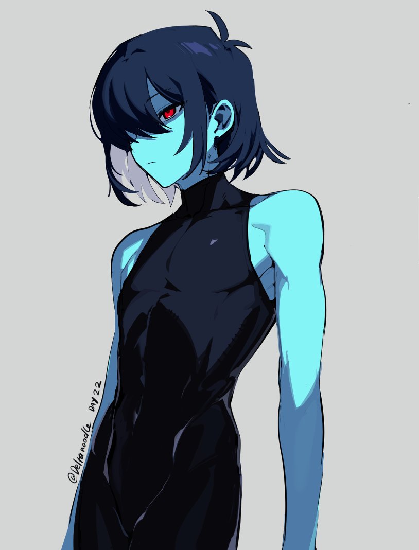 1other, armpit_crease, arms_at_sides, bare_arms, black_bodysuit, blue_hair, blue_skin, bodysuit