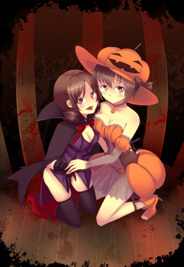 2girls, ass, bad_id, bad_pixiv_id, bare_shoulders, blood, breasts, brown_eyes