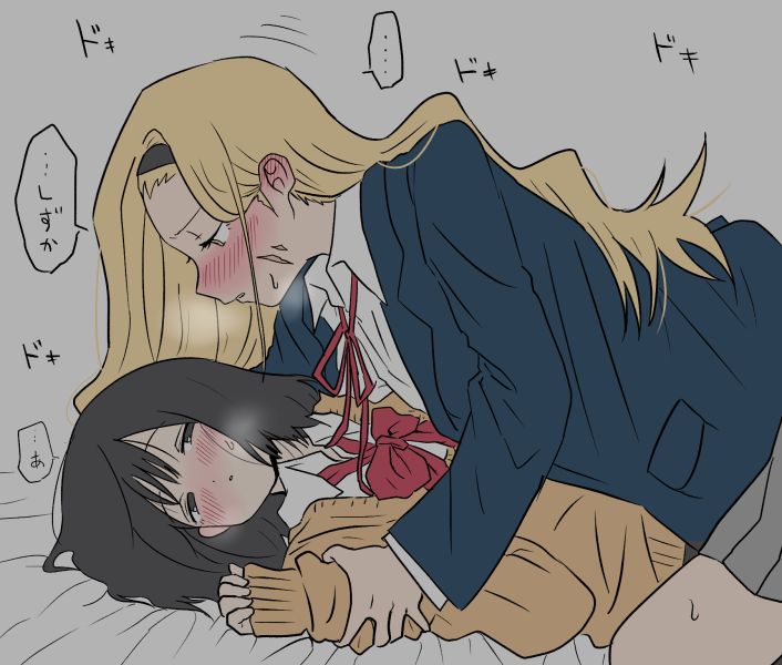 ..., 2girls, black_hair, blazer, blonde_hair, blue_jacket, blush, bow