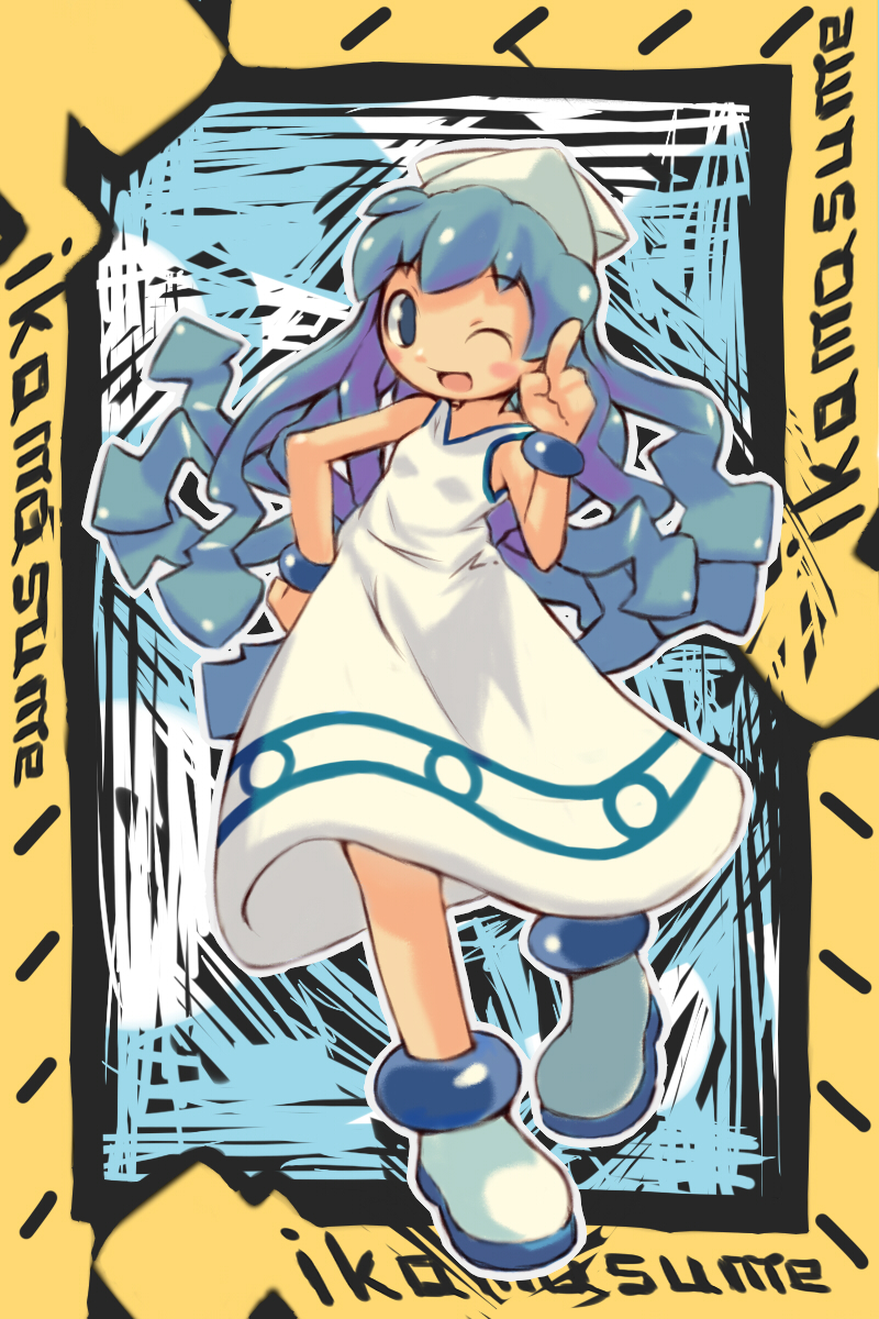 blue_eyes, blue_hair, boots, character_name, dress, hat, highres, ikamusume