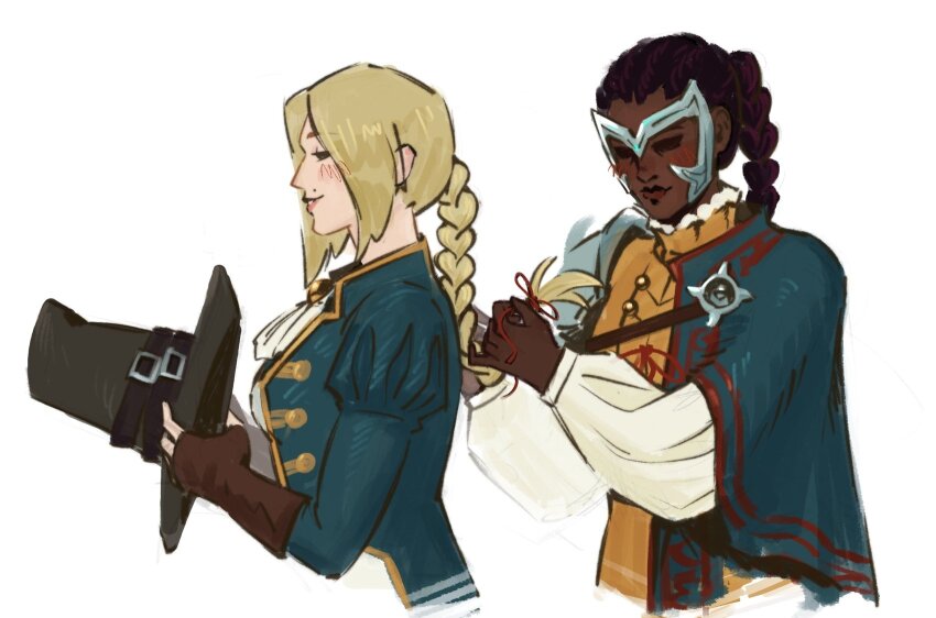 armor, ascot, black_hair, blonde_hair, blush, braid, braiding_another's_hair, commentary