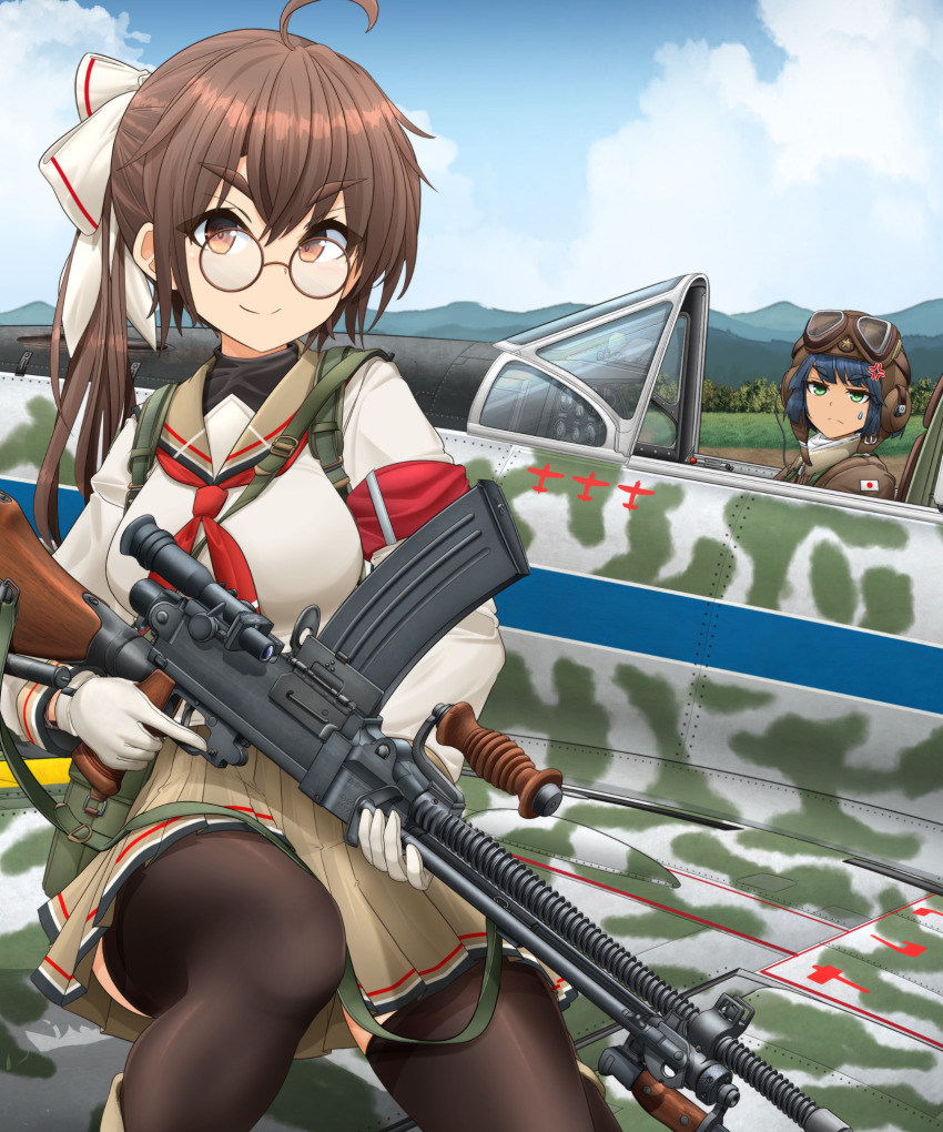 2girls, ahoge, aircraft, airplane, anger_vein, armband, black-framed_eyewear, black_hair, black_pantyhose, black_thighhighs, blue_eyes, blue_hair, blue_sky, bow, breasts, brown_eyes, brown_hair, brown_helmet, brown_jacket, brown_sailor_collar, brown_skirt, camouflage, closed_mouth, cloud, cloudy_sky, cockpit, commentary_request, dark-skinned_female, dark_skin, day, dress, flag_print, frown, glasses, gloves, goggles, goggles_on_head, green_eyes, gun, hair_bow, harness, helmet, highres, holding, holding_gun, holding_weapon, jacket, japanese_flag, japanese_flag_print, ki-61_hien, knee_up, large_breasts, light_machine_gun, long_sleeves, looking_at_another, looking_at_viewer, machine_gun, mikeran_(mikelan), miniskirt, mountain, multiple_girls, neckerchief, original, outdoors, pantyhose, partial_commentary, pleated_dress, ponytail, red_neckerchief, red_sailor_collar, round_eyewear, sailor_collar, school_uniform, shirt, sitting, skirt, sky, smile, sweat, sweatdrop, tactical_school_uniform, thighhighs, trigger_discipline, type_99_light_machine_gun, weapon, white_bow, white_gloves, white_shirt