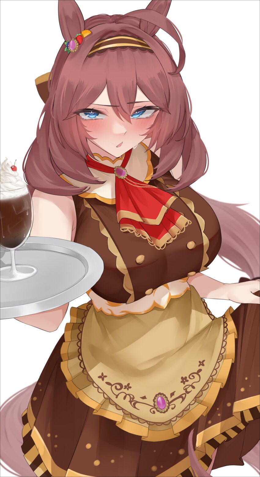 1girl, absurdres, ahoge, animal_ears, apron, ascot, blue_eyes, blush