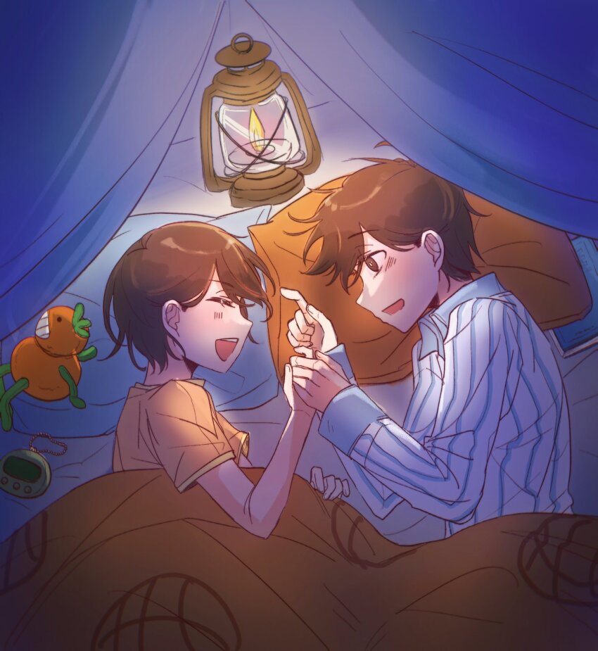 2boys, alternate_costume, alternate_eye_color, blanket, blue_pajamas, bright_pupils, brothers, brown_eyes