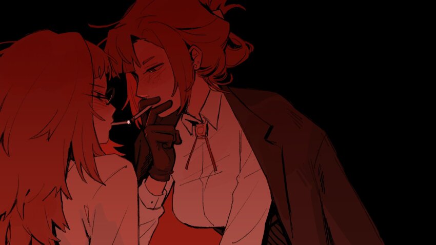 2girls, black_background, black_eyes, black_gloves, blazer, brown_eyes, brown_hair, brown_jacket, cigarette, cigarette_kiss, collared_shirt, corset, emma_rockford, evangeline_morgan, glasses, gloves, hashtag-only_commentary, highres, holding, holding_cigarette, jacket, jacket_on_shoulders, lapels, limited_palette, long_sleeves, looking_at_another, multiple_girls, of_the_devil, painstarrr, red_hair, red_theme, round_eyewear, shirt, smoking, upper_body, white_shirt, yuri
