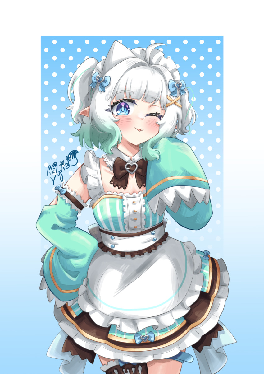 1girl, :p, absurdres, blue_eyes, commentary_request, dress, fang, ghost_girl