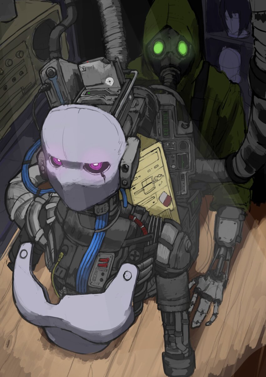 1boy, 1girl, absurdres, breasts, bright_pupils, cable, coat, commentary