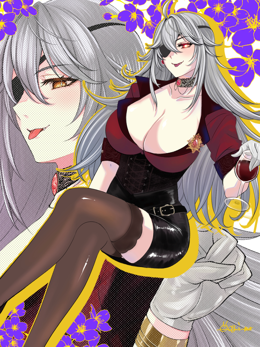 1girl, breasts, chain_belt, cleavage, commentary, corset, cropped_jacket, cropped_shirt, eyepatch, gloves, grey_hair, highres, indie_virtual_youtuber, large_breasts, long_hair, medium_breasts, one_eye_covered, oogi_illust, open_mouth, red_shirt, shirt, smile, solo, thighs, two-sided_gloves, two-tone_shirt, very_long_hair, virtual_youtuber, zentreya, zentreya_(cyborg), zentreya_(cyborg)_(zen_2.0)