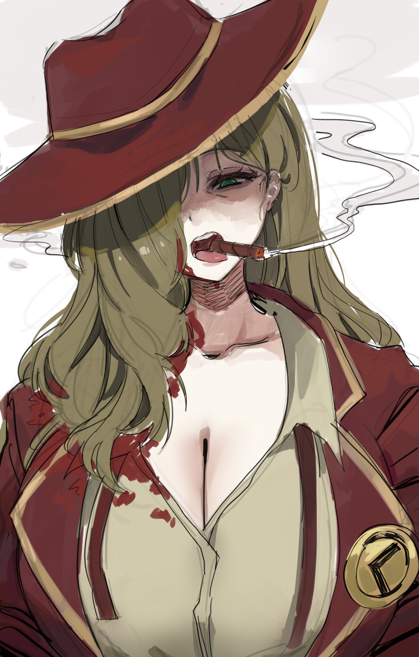 1girl, absurdres, blood, blood_on_clothes, blood_on_face, breasts, brown_hair, cigar