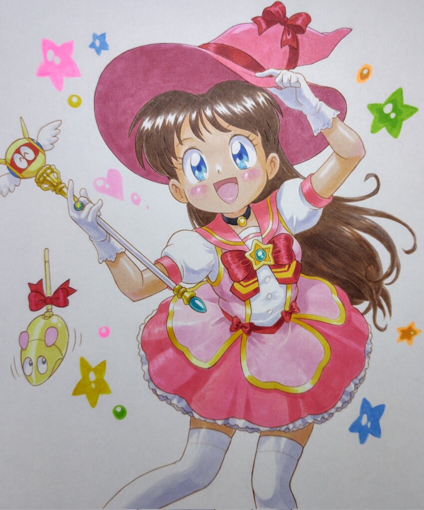 1girl, :d, alternate_costume, arm_up, black_choker, blue_eyes, bow, bowtie