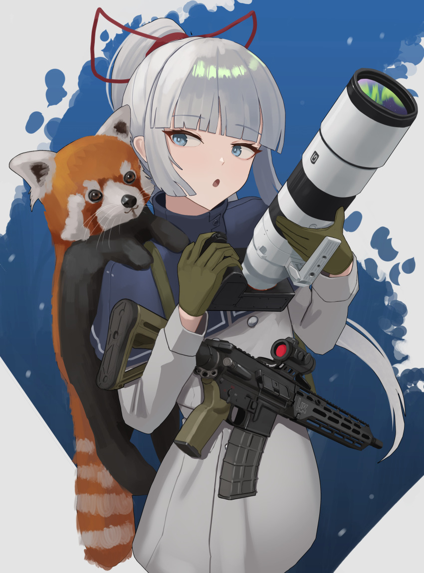 1girl, :o, abstract_background, absurdres, animal, animal_on_shoulder, assault_rifle, aurora