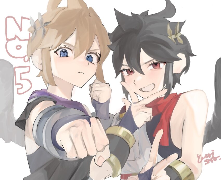 2boys, black_hair, black_wings, blue_eyes, bracer, brown_hair, clenched_hands, closed_mouth