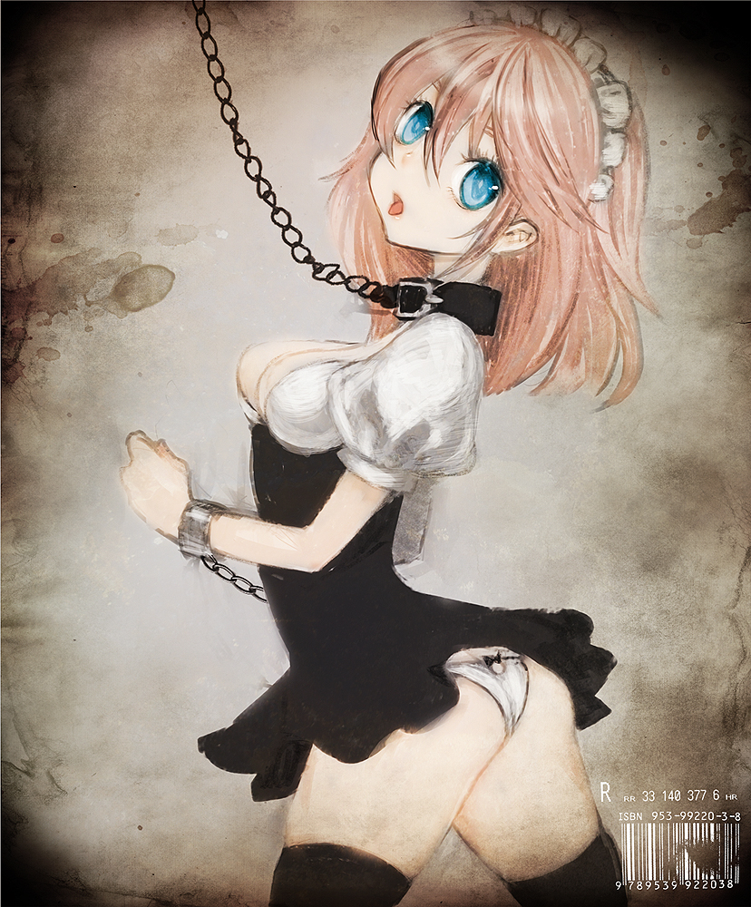 1girl, ass, barcode, bdsm, blue_eyes, bondage, borrowed_character, bound, breasts, chain, cleavage, collar, cuffs, duca, female_focus, leash, looking_back, maid, maid_headdress, original, panties, pink_hair, slave, small_breasts, solo, takagi_(tansuke), thighhighs, tongue, underwear, white_panties, zettai_ryouiki