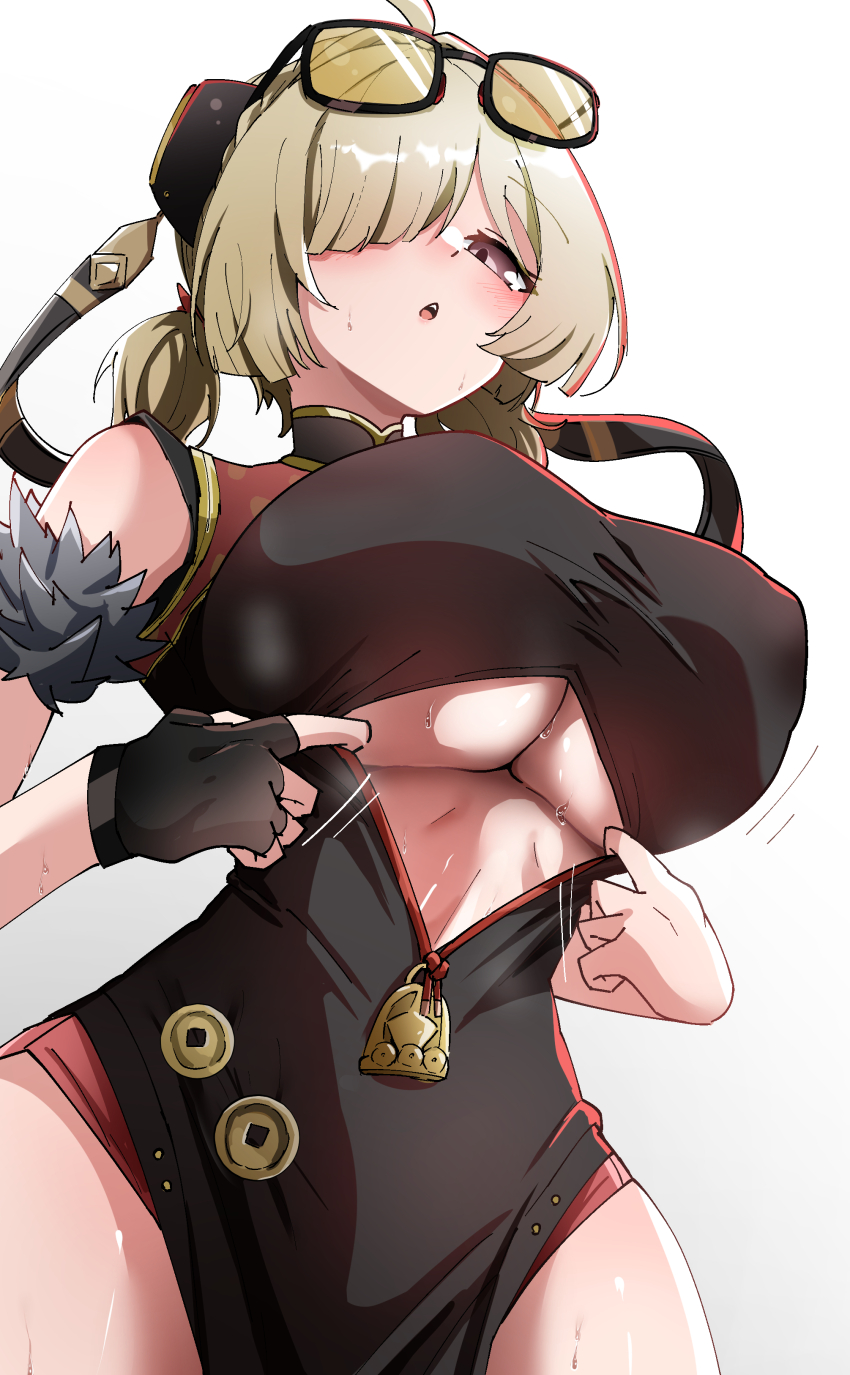 absurdres, ahoge, black_dress, black_gloves, blonde_hair, braid, braided_ponytail, breasts