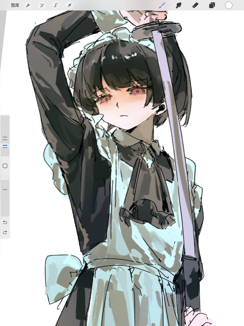 1girl, :/, absurdres, alternate_costume, apron, art_program_in_frame, ascot, back_bow