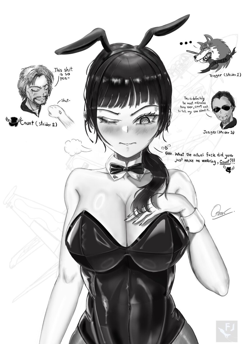 1girl, 2boys, ace_combat, ace_combat_7, animal_ears, black_hair, blush, bow