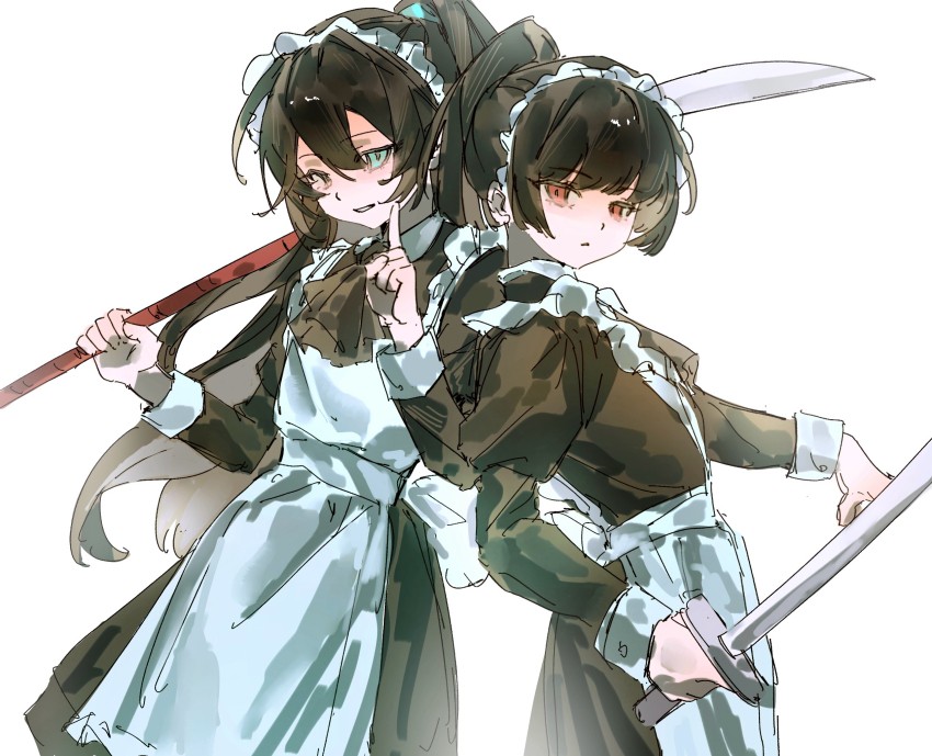 1boy, 1girl, alternate_costume, apron, aqua_eyes, ascot, black_ascot, black_dress