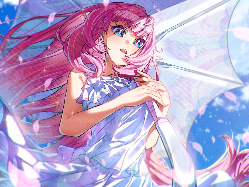 1girl, alternate_costume, blue_eyes, blue_sky, breasts, commentary, dress, elf