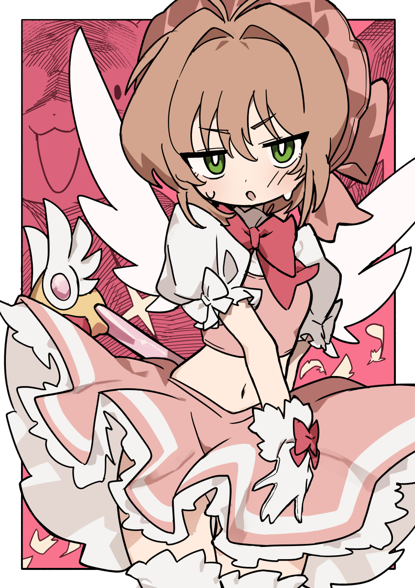 1girl, absurdres, blush, border, brown_hair, cardcaptor_sakura, commentary, cowboy_shot