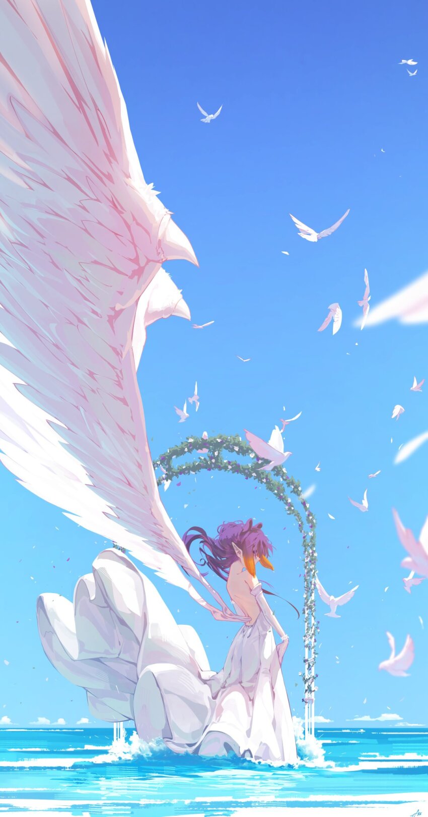 1girl, a0s0l, bare_shoulders, bird, blue_background, breasts, commentary, dove, dress, feathered_wings, highres, hololive, hololive_english, long_hair, ninomae_ina'nis, pointy_ears, profile, purple_hair, solo, standing, standing_on_liquid, strapless, strapless_dress, untranslatable_commentary, virtual_youtuber, white_dress, white_wings, wide_shot, wings
