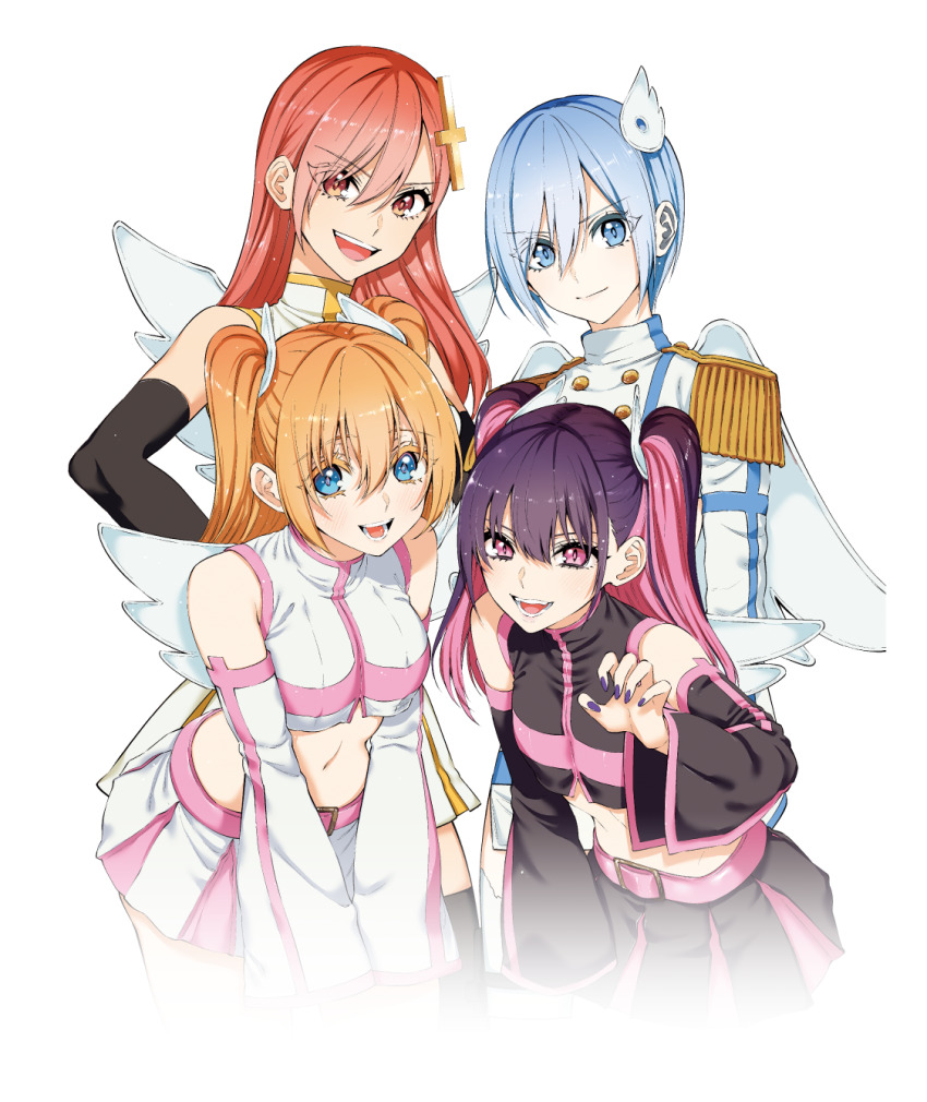 2.5_jigen_no_ririsa, 4girls, amano_ririsa, ariel_(2.5_jigen_no_ririsa), ariel_(2.5_jigen_no_ririsa)_(cosplay), bare_shoulders, belt, black_nails