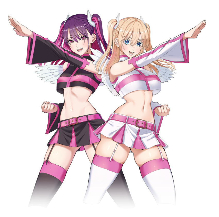 2.5_jigen_no_ririsa, 2girls, amano_ririsa, bare_shoulders, belt, black_garter_straps, black_skirt, black_sleeves