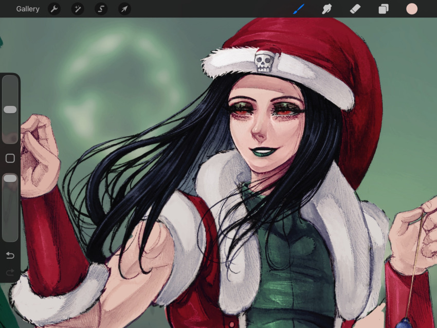 1other, black_hair, blurry, blurry_background, commentary, cozenveil, english_commentary, green_lips, hand_up, hat, highres, holding, jacket, long_hair, looking_to_the_side, makeup, open_mouth, red_eyes, santa_costume, santa_hat, simple_background, skull, smile, turtleneck