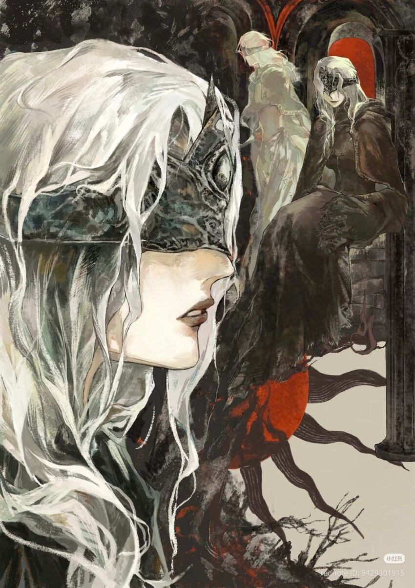 1girl, arm_wrap, artist_request, black_capelet, blindfold_mask, capelet, cloak, covered_eyes