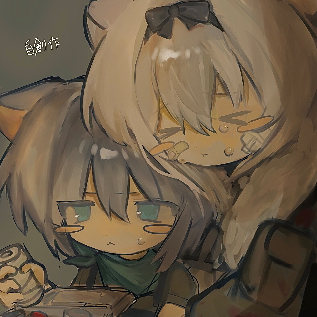 >_<, 2girls, :<, animal_ears, aqua_eyes, bandaid, bandaid_on_cheek, bandaid_on_face, blonde_hair, blush_stickers, bow, cat_ears, cat_girl, closed_eyes, closed_mouth, commentary_request, gauze, gauze_on_cheek, grey_hair, hair_bow, holding, long_hair, miruki_(user_vwfg2738), multiple_girls, neckerchief, original, short_hair, sweat, white_hair