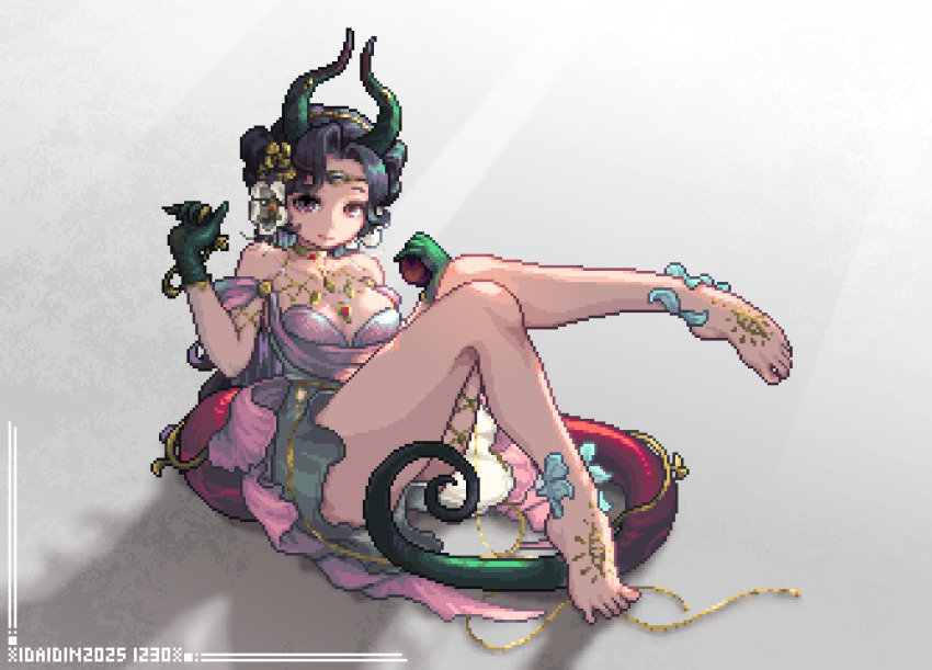 1girl, absurdres, anjo_nala, anjo_nala_(forbidden_fruit), apple, bare_legs, bare_shoulders, barefoot