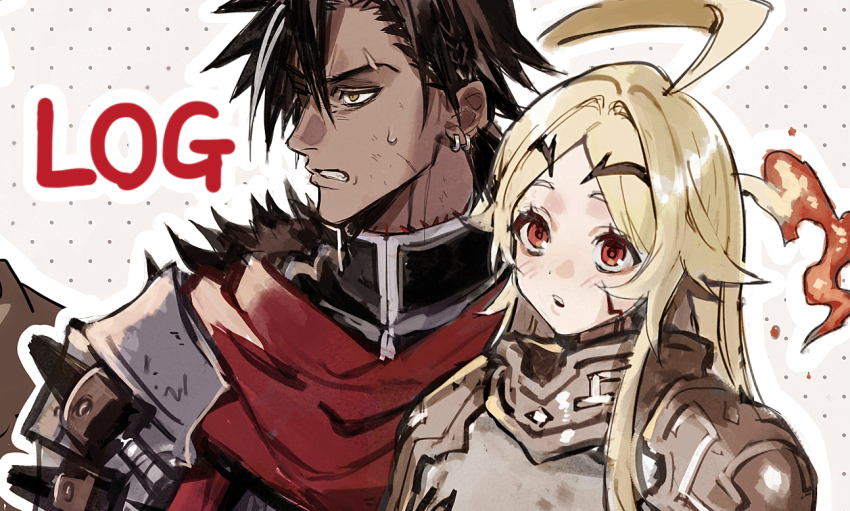 1boy, 1girl, ahoge, armor, black_hair, blonde_hair, blush, clenched_teeth, commentary_request, ear_piercing, eyebrow_cut, facial_mark, fire, forbartz_xylo, huge_ahoge, keitozzz, knife, open_mouth, parted_lips, piercing, red_eyes, scar, scar_across_eyebrow, scar_on_face, short_hair, spiked_hair, sweatdrop, teeth, teoritta, upper_body, yellow_eyes, yuushakei_ni_shosu