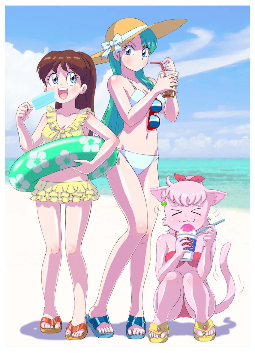 >_<, 3girls, animal_ears, aqua_hair, bare_arms, bare_legs, beach, bikini