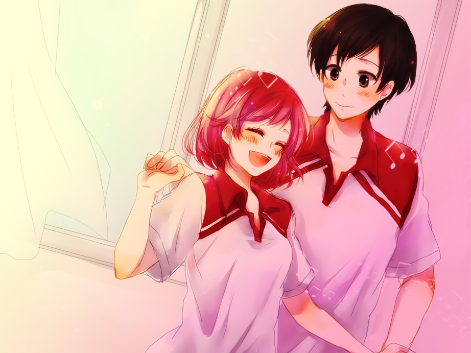 1boy, 1girl, aheim, bad_id, bad_pixiv_id, brown_eyes, brown_hair, closed_eyes