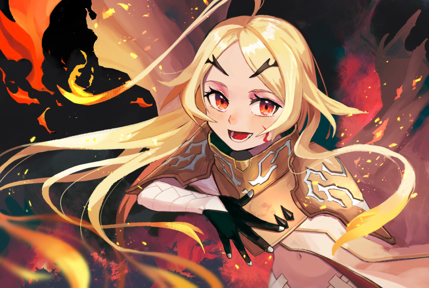 1girl, absurdres, ahoge, armor, black_gloves, blonde_hair, blush, cape, commentary_request, fiery_hair, fire, gloves, gradient_hair, highres, huge_ahoge, long_hair, lower_teeth_only, midriff, multicolored_hair, navel, open_mouth, orange_hair, red_eyes, red_hair, solo, suyansuya, teeth, teoritta, very_long_hair, yuushakei_ni_shosu
