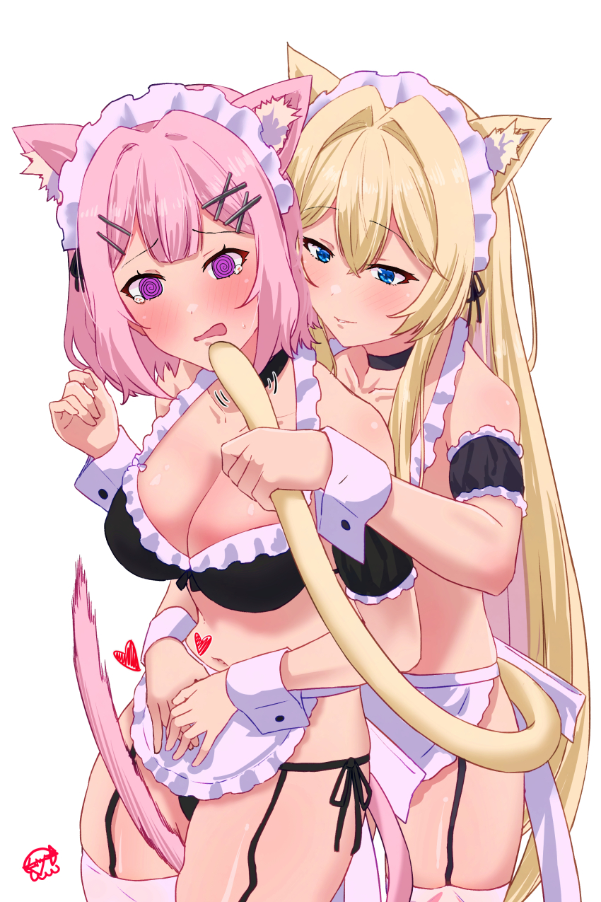 2girls, absurdres, amaori_renako, animal_ears, apron, black_bra, black_choker, blue_eyes
