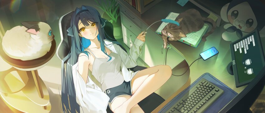 1girl, animal, barefoot, black_hair, black_hairband, black_shorts, blue_hair, book