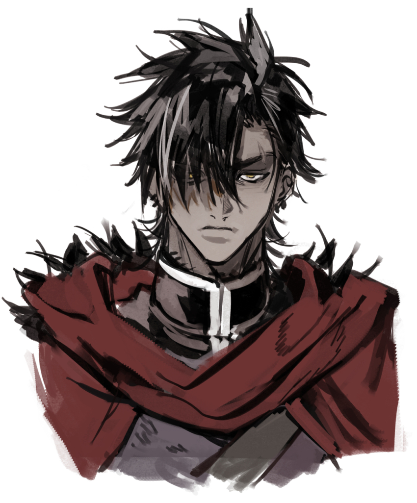 1boy, black_hair, black_shirt, collared_shirt, commentary_request, cropped_torso, dark-skinned_male, dark_skin, eyebrow_cut, forbartz_xylo, highres, keitozzz, looking_at_viewer, male_focus, red_scarf, sanpaku, scarf, shirt, simple_background, solo, upper_body, white_background, yuushakei_ni_shosu