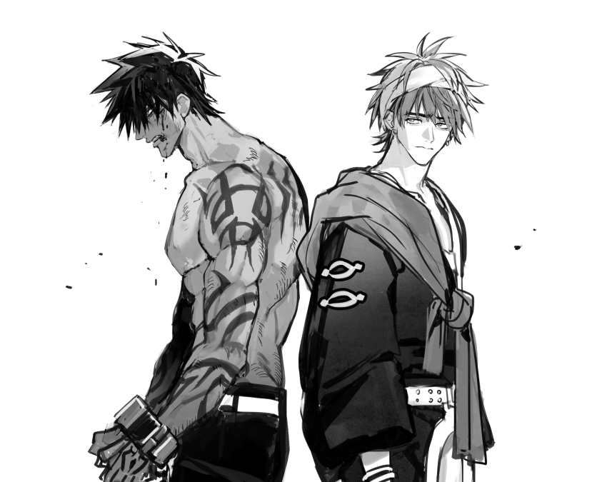2boys, abs, absurdres, arm_tattoo, back_tattoo, belt, blood, blood_on_face