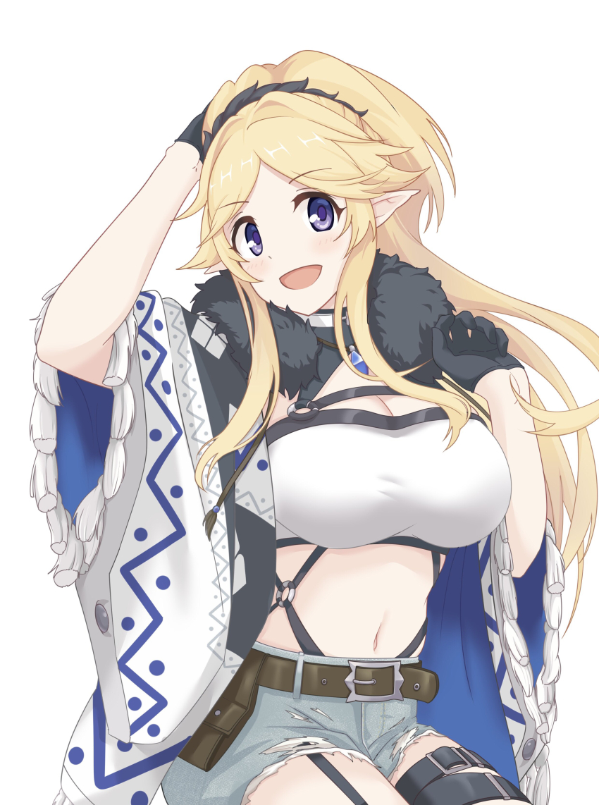 1girl, absurdres, blonde_hair, blue_eyes, breasts, camping, elf, gloves